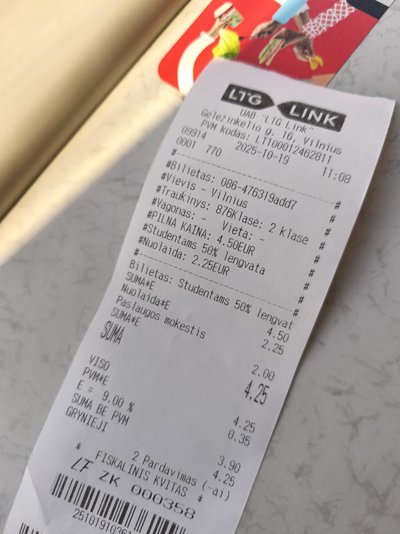 Bilieto kaina perkant jį traukinyje