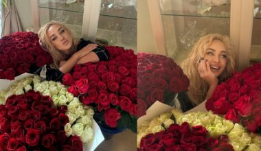 Gėlėse paskendusią Oksaną Pikul sunku įžiūrėti: gerbėjas įteikė rekordinį skaičių rožių