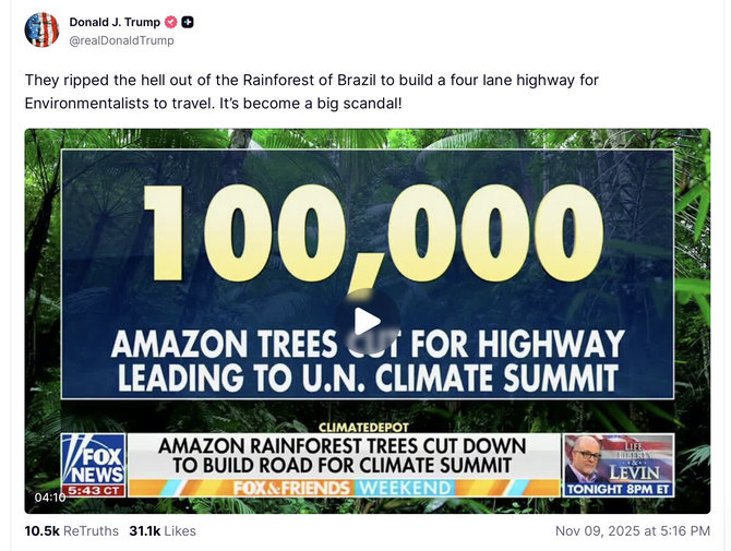 Ekrano nuotr. iš „Facebook“/Į medžių kirtimą Amazonijoje sureagavo ir JAV prezidentas Donaldas Trumpas