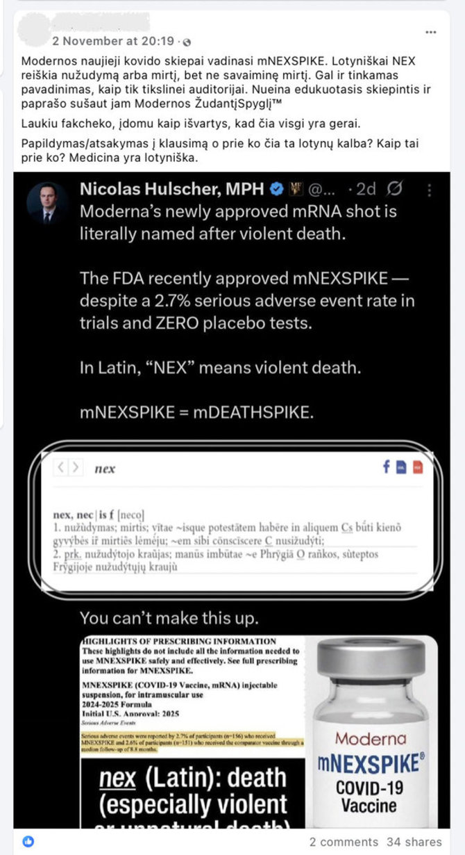 Ekrano nuotr. iš „Facebook“/Internautams užkliuvo naujos „Moderna“ vakcinos „mNEXSPIKE“ pavadinimas