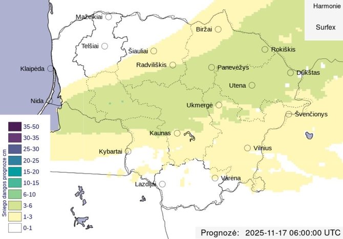meteo.lt nuotr./Prognozuojamas sniego dangos storis pirmadienio naktį