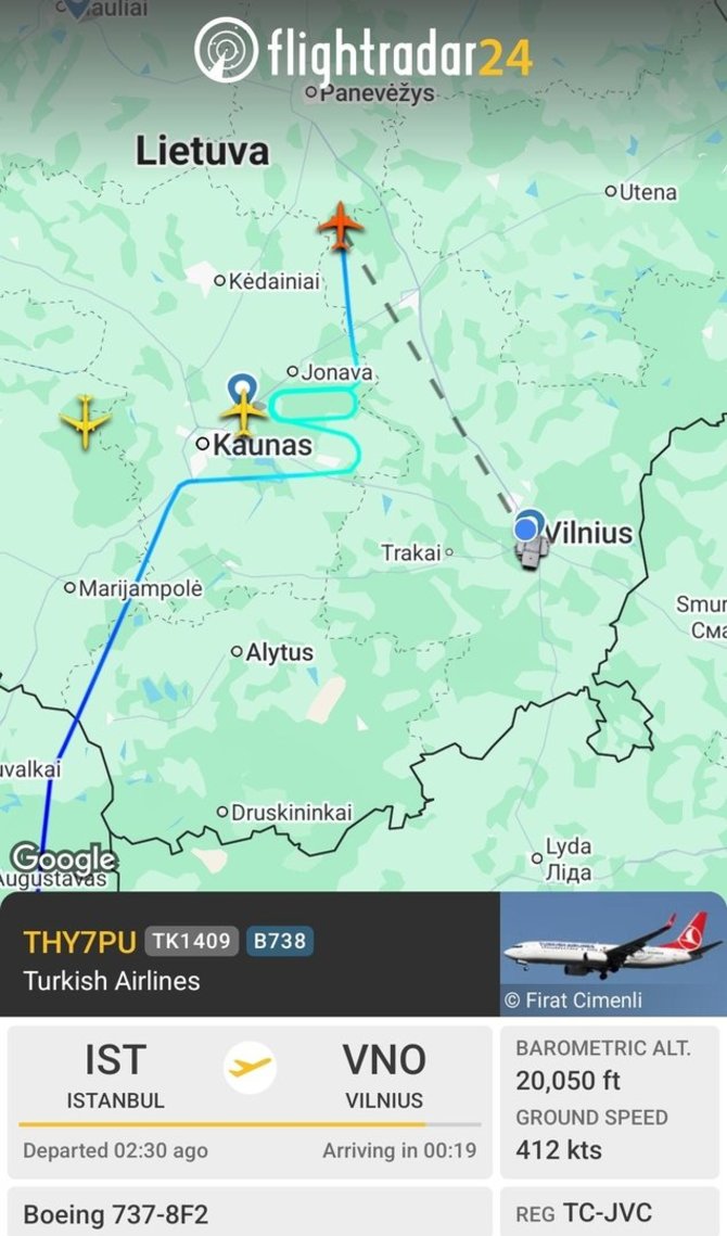 flightradar24.com nuotr./Vilniuje turėjęs nusileisti lėktuvas iš Stambulo