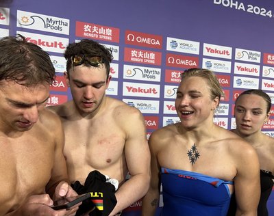 (iš kairės) Andrius Šidlauskas, Erikas Grigaitis, Rūta Meilutytė ir Smiltė Plytnykaitė