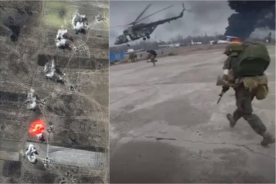 Mūšis dėl Hostomelio oro uosto: kairėje – artilerijos apšaudymai netoli oro uosto, dešinėje – rusų desantininkai jau oro uoste