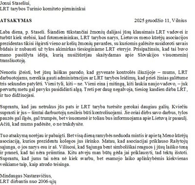 Mindaugo Nastaravičiaus atsakymas Jonui Staseliui