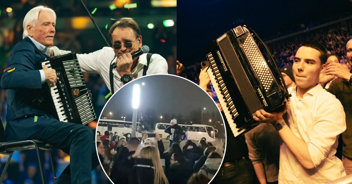 Paaiškėjo, ką su akordeonu padarė nuo scenos nulipęs Marijono Mikutavičiaus tėtis: prie arenos užsikūrė antras šou | Vardai