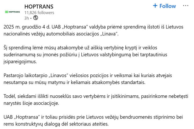 LinkedIn/Hoptrans išstoja iš „Linava“ asociacijos