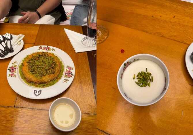 Asmeninio albumo nuotr./„Kunafa“ ir „Muhallabia“ desertai „Al Khayma“ restorane