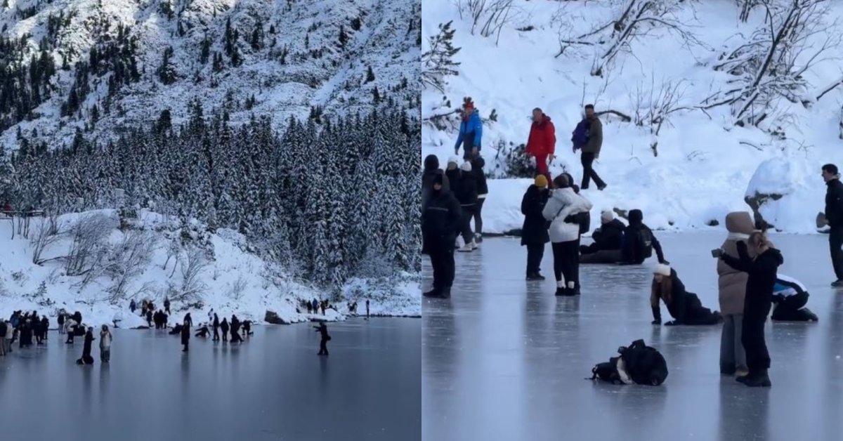 „Bepročiai turistai“: ėmėsi čiuožti ir šokti ant vos užšalusio Lenkijos ežero