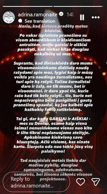 Adrinos viešas pareiškimas (nuotr. Instagram)