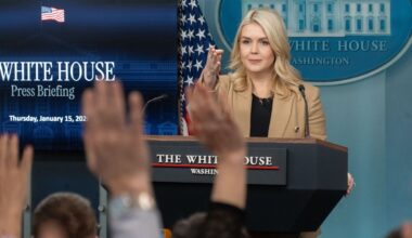 Plinta Baltųjų rūmų atstovės Leavitt kivirčo su žurnalistu įrašas