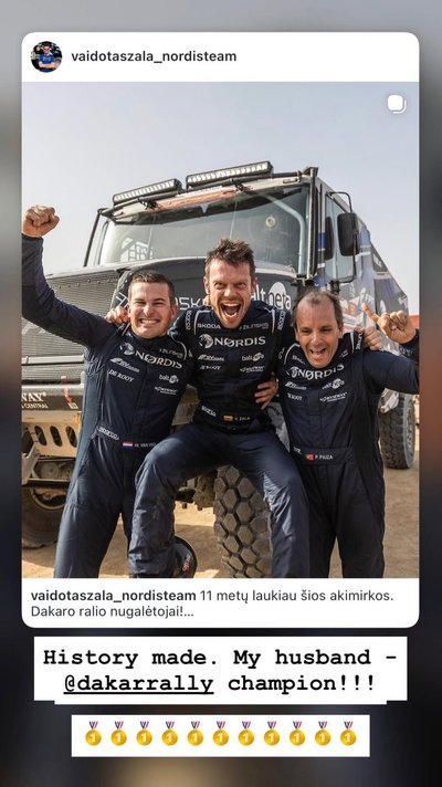 Gabrielės Martirosian reakcija po vyro Vaidoto Žalos pergalės Dakaro ralyje