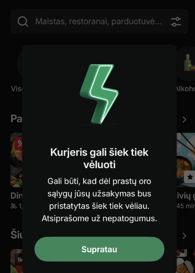 „Bolt Food“ perspėjo klientus apie galimus vėlavimus dėl sudėtingų oro sąlygų
