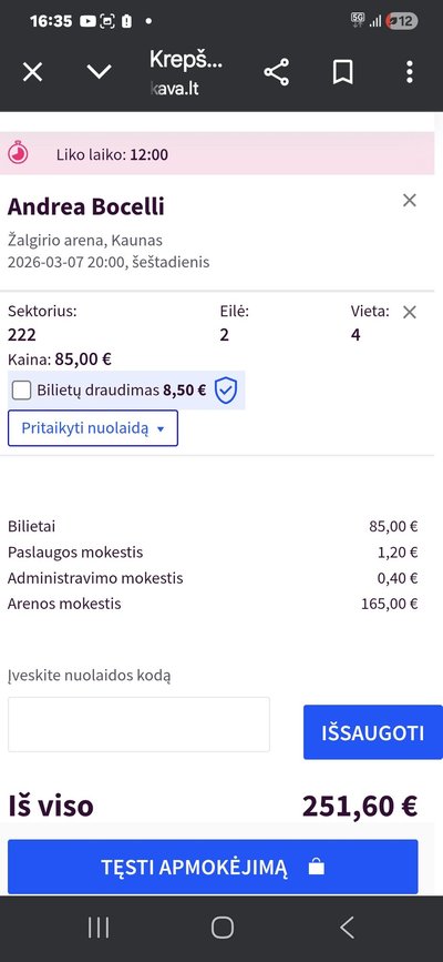 Andrea Bocelli koncerto bilieto kaina