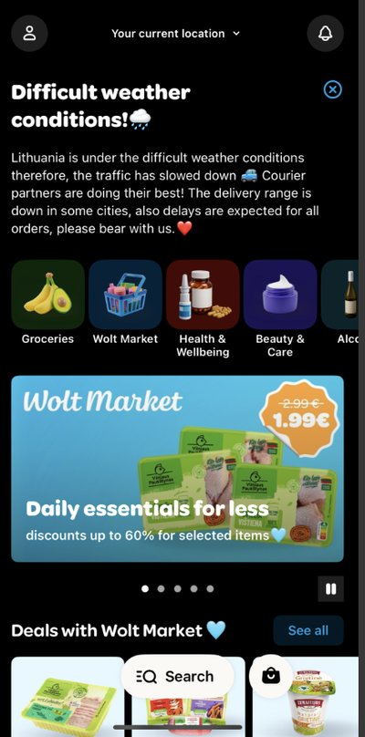 „Wolt“ perspėjo klientus apie galimus vėlavimus dėl sudėtingų oro sąlygų