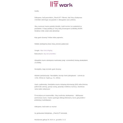 „ITwork.lt“ laiškas klientui