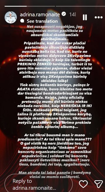 Adrinos viešas pareiškimas (nuotr. Instagram)