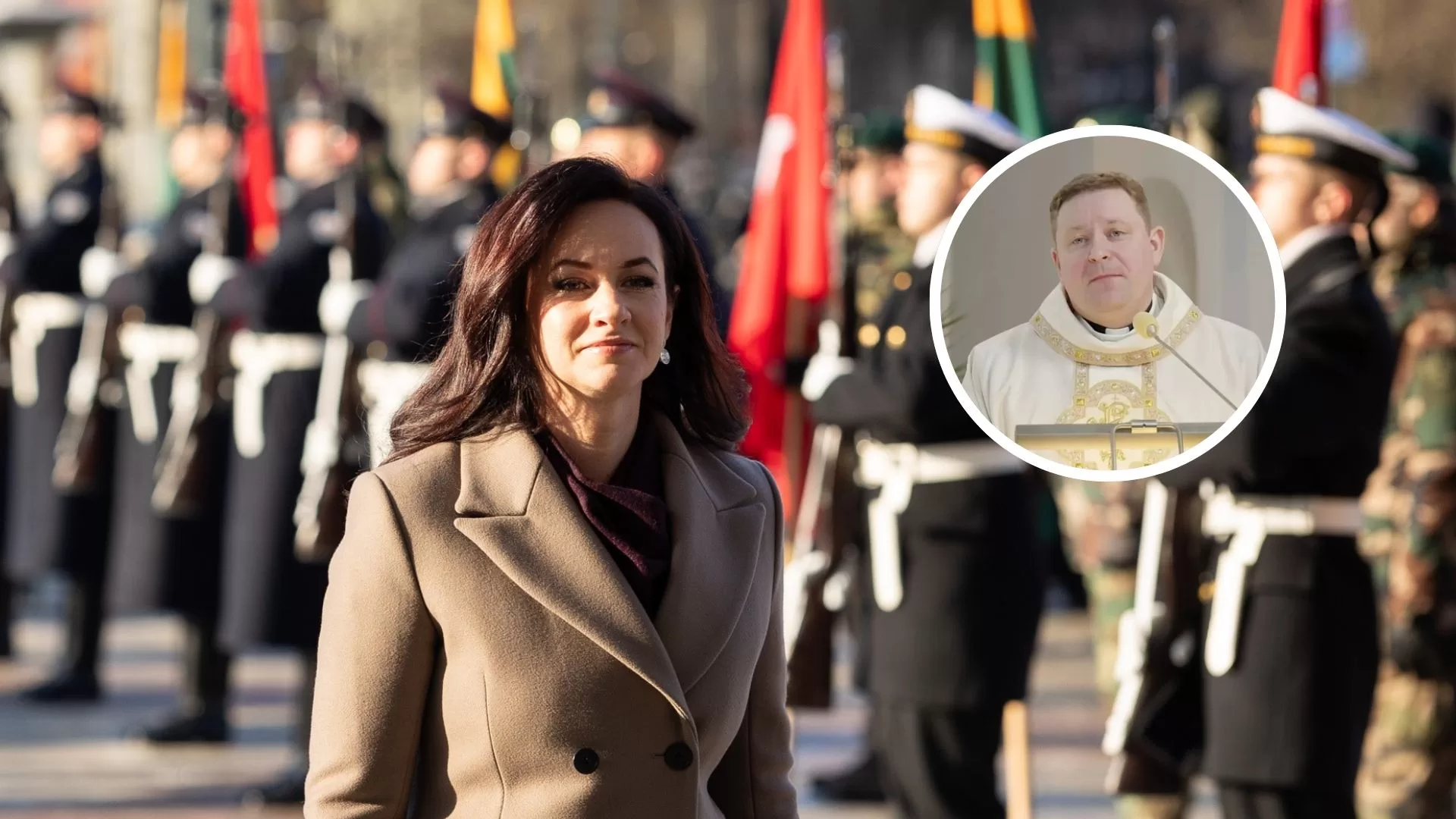 Premjerė Inga Ruginienė ir kunigas Mindaugas Grigalius. Bernardinai.lt nuotraukų (Ervino Rauluševičiaus / ELTA ir Gailestingumo šventovės pamaldų transliacijos kadras) koliažas