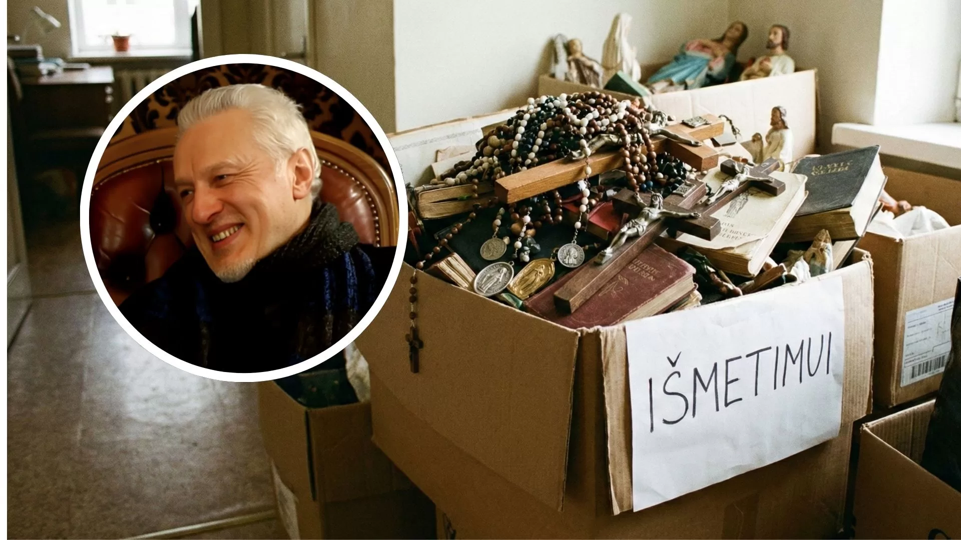 Kunigas Algirdas Dauknys. Bernardinai.lt nuotraukų (Rokiškio „Sirenos“ jutubo ekrano nuotrauka ir DI) koliažas