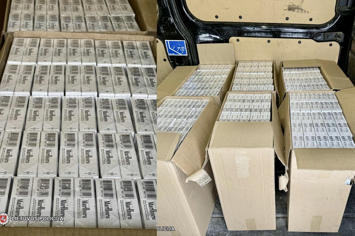 Tauragės rajone pareigūnai mikroautobuse aptiko tūkstančius pakelių cigarečių