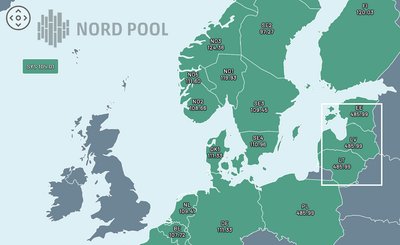 „Nord Pool Spot“, 2026 metų sausio 13 dienos, 14.30–14.45 val. didmeninės elektros kainos žemėlapis (Eur/MWh, be PVM)