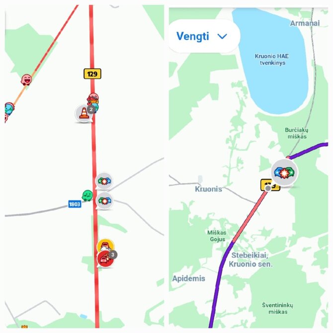 Atvaizdai iš „Waze“ programėlės/Spūstys įvykio vietoje
