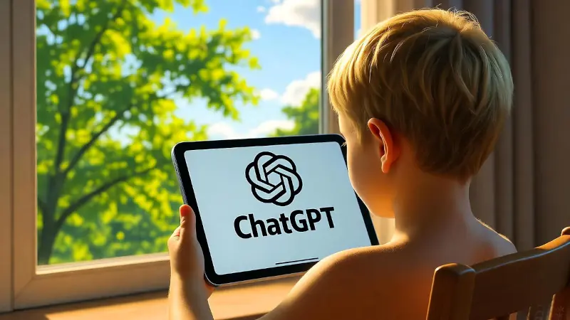 Vaikas su ChatGPT kalbos modeliu planšetėje