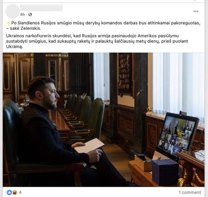 Ekrano nuotr. iš „Facebook“/Volodymyras Zelenskis narkomanu ir panašiai vadinamas net praėjus beveik ketveriems metams nuo Rusijos plataus masto invazijos pradžios