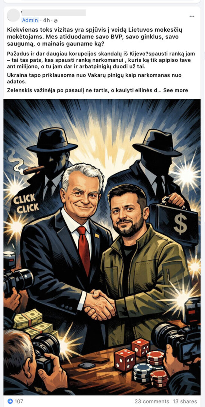 Ekrano nuotr. iš „Facebook“/Volodymyras Zelenskis su narkomananu lyginamas net kalbant apie Vakarų teikiamą pagalbą