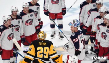 VIDEO ⟩ Merzļikins atvaira 32 metienus NHL leģendas Flerī atvadu mačā