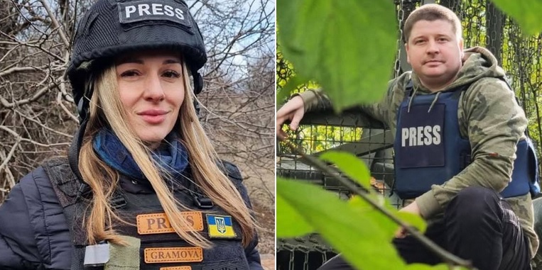 Krievijas drona uzbrukumā nogalinātie ukraiņu žurnālisti Olena Gubanova un Jevhens Karmazins