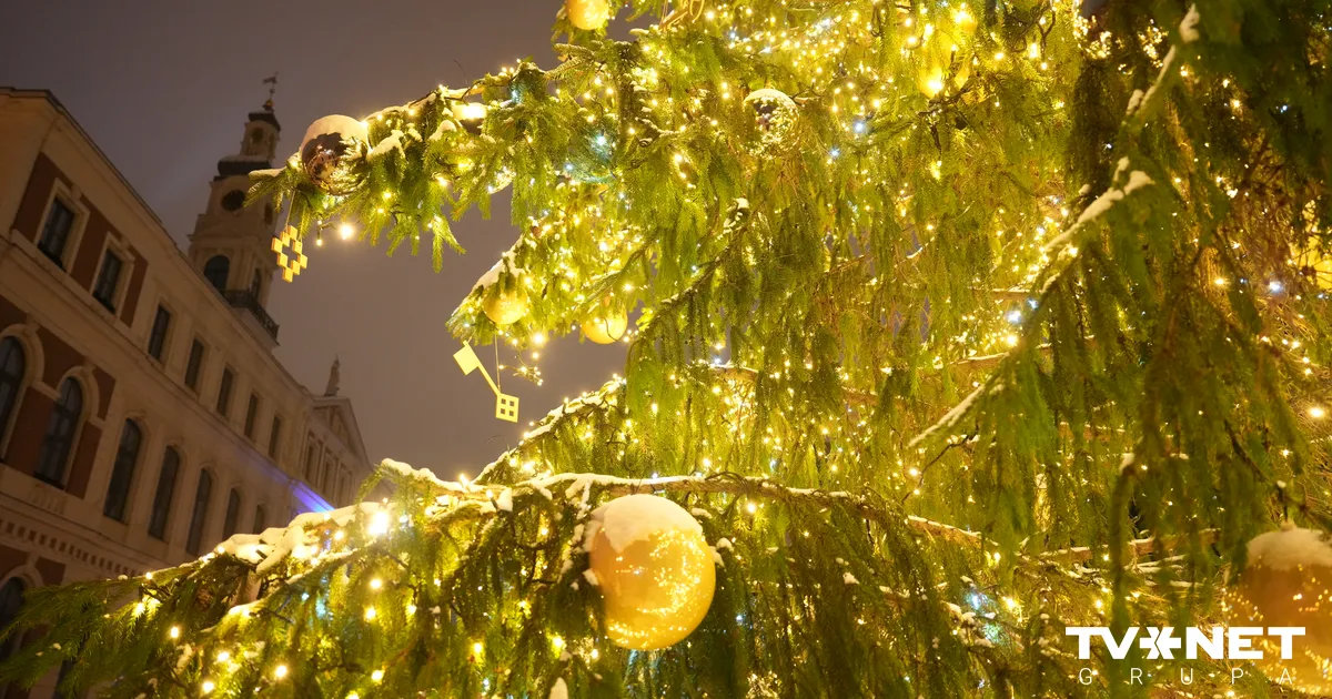 Aptuveni 300 cilvēku pulcējušies Rīgas Rātslaukumā uz lielās svētku egles iedegšanu