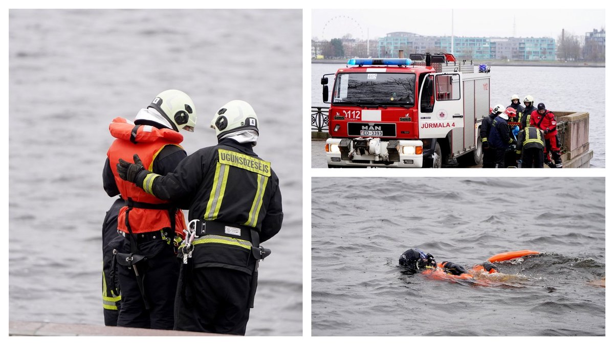 Foto: VUGD skaidro sarežģījumus, mēģinot izcelt Daugavā iebraukušo automašīnu - Delfi