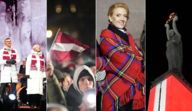 Brīvības piemineklis zaigo svētku gaismās, tā pakājē izskan 18. novembra koncerts