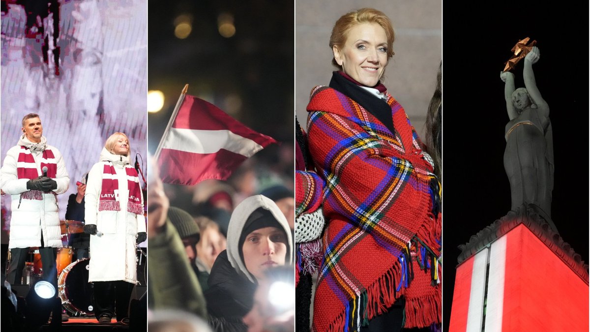 Brīvības piemineklis zaigo svētku gaismās, tā pakājē izskan 18. novembra koncerts