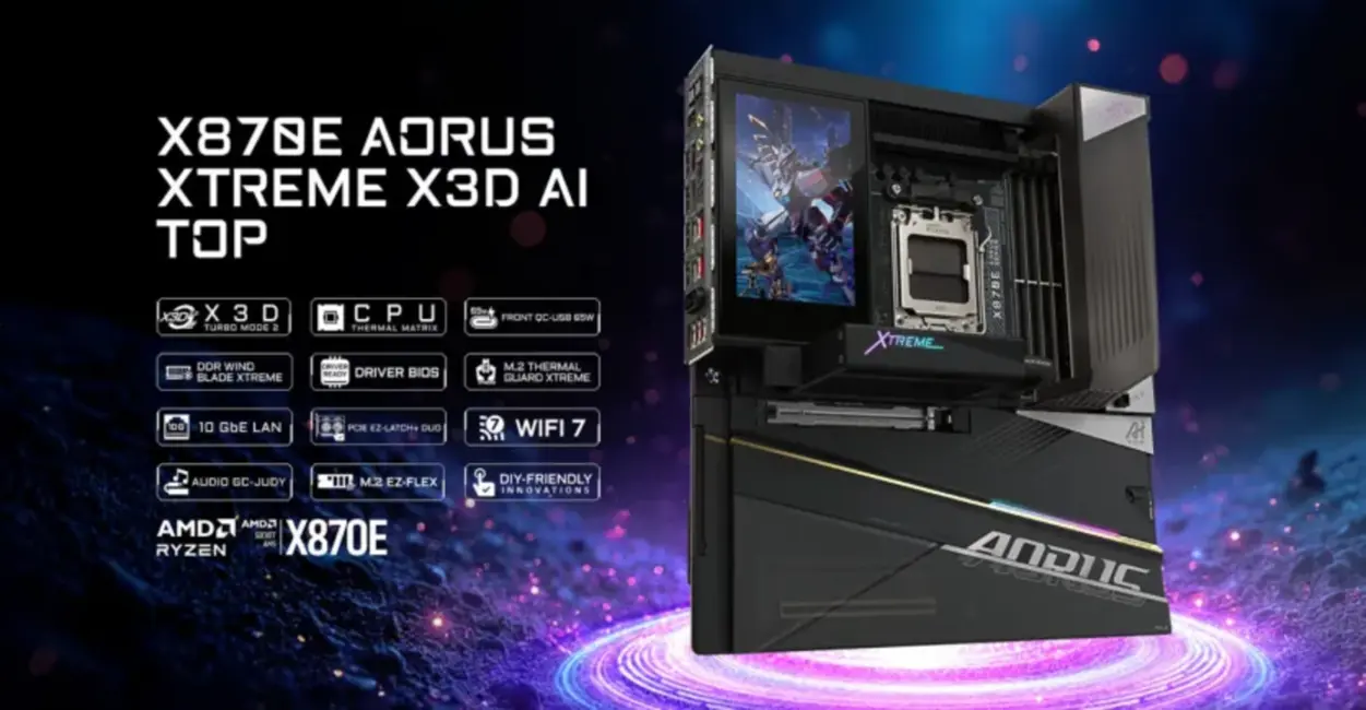 Gigabyte X870E AORUS XTREME X3D AI TOP: visjaudīgākā AM5 mātesplate spēlēm ar MI un ekrānu