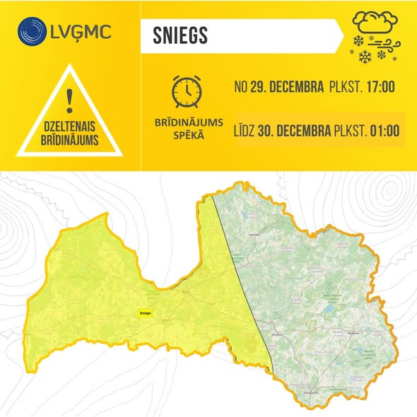 Pirmdienas vakarā brīdina par stipru snigšanu, autovadītāji aicināti uzmanīties (papildināts plkst. 18.20)