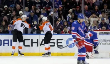 Rodrigo Ābols gūst otras vārtus sezonā, tomēr "Flyers" pēc pārsvara zaudē "Rangers" pēcspēles metienos