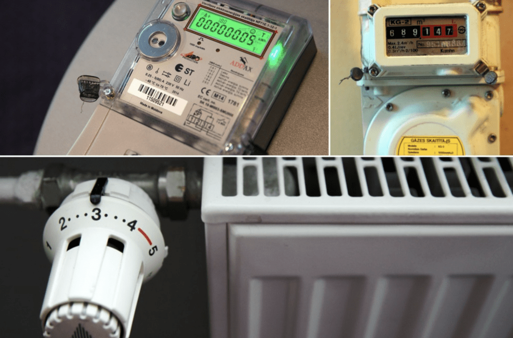 
Elektroenerģijas skaitītājs, gāzes skaitītājs, radiators.
