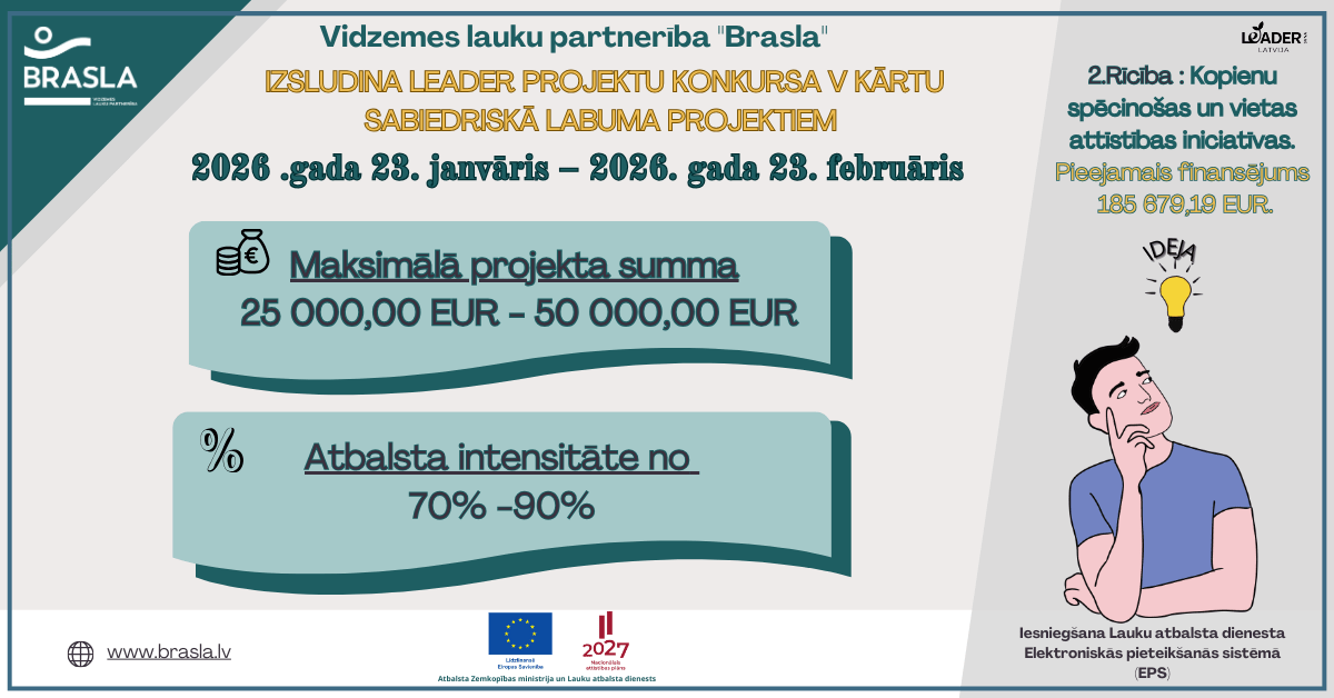 Vidzemes lauku partnerība "Brasla" izsludina LEADER projektu konkursa V kārtu sabiedriskā labuma projektiem no 2026. gada 23. janvāra līdz 23. februārim