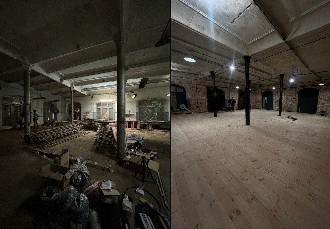 Teātra zāle pirms un pēc atjaunošanas