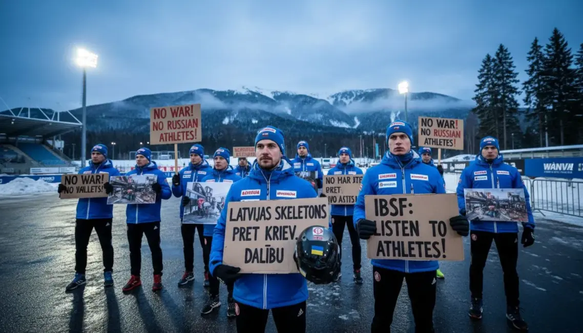 Latvijas skeletonisti protestē pret Krievijas sportistu dalību Eiropas kausā; IBSF vēršas ar sūdzību
