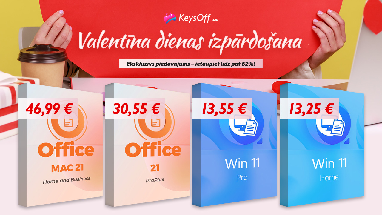 Valentīna dienas īpašie piedāvājumi! Iegādājieties MS Office 2021 Pro un Win 11 Pro par tikai 13 €! Viena maksājuma, lai izmantotu visu mūžu!!