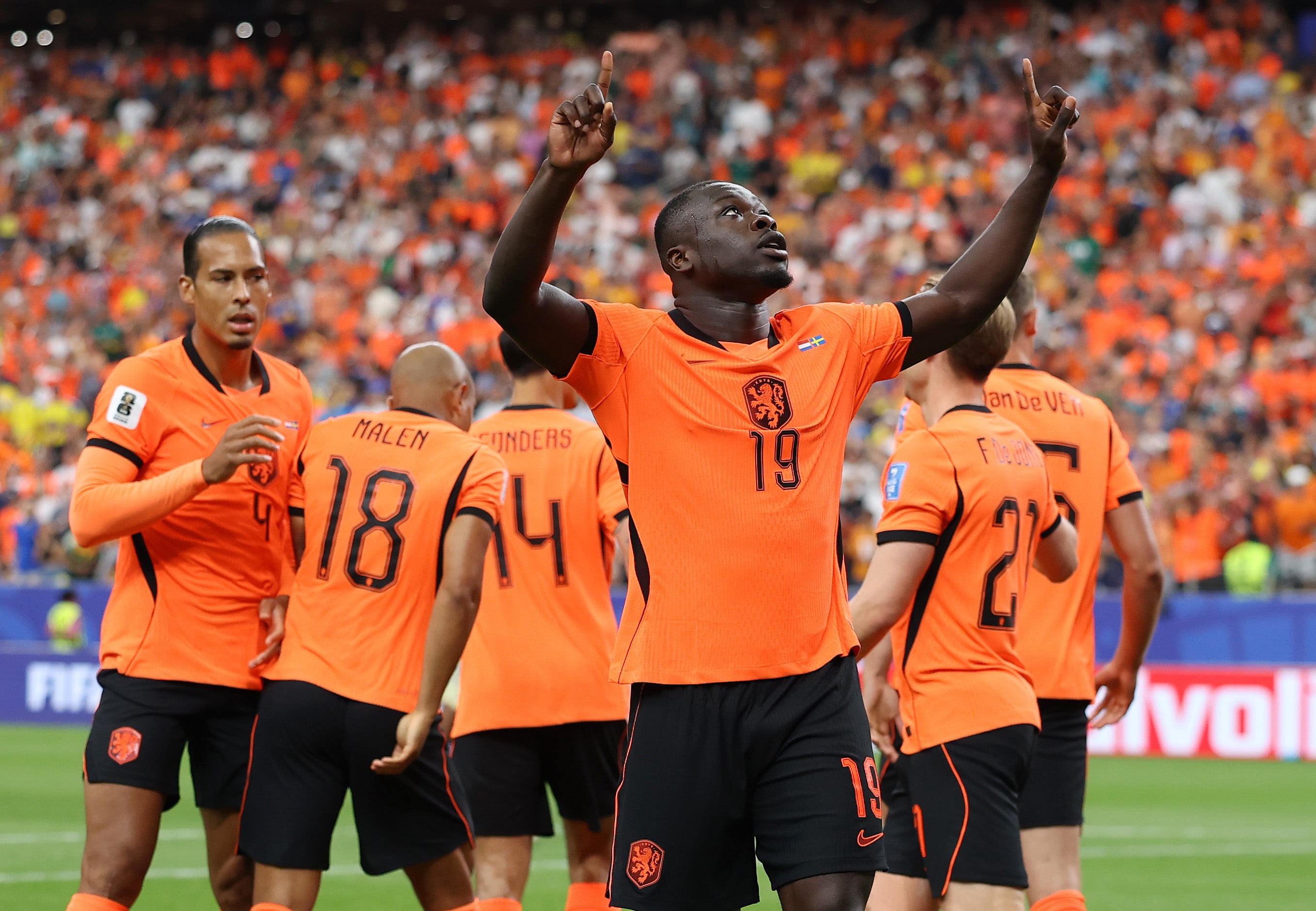 Brobbey celebrates after scoring the Netherlands' opening goal