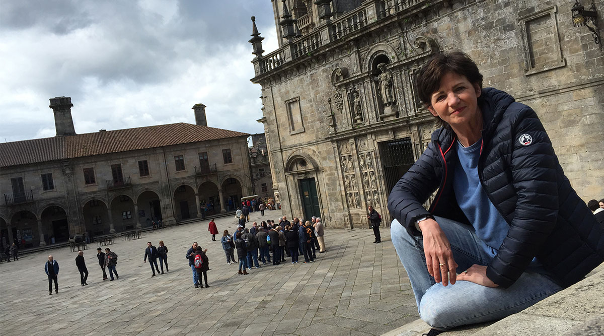 Puzzel: maak Martine in Santiago de Compostella in 2016 compleet.