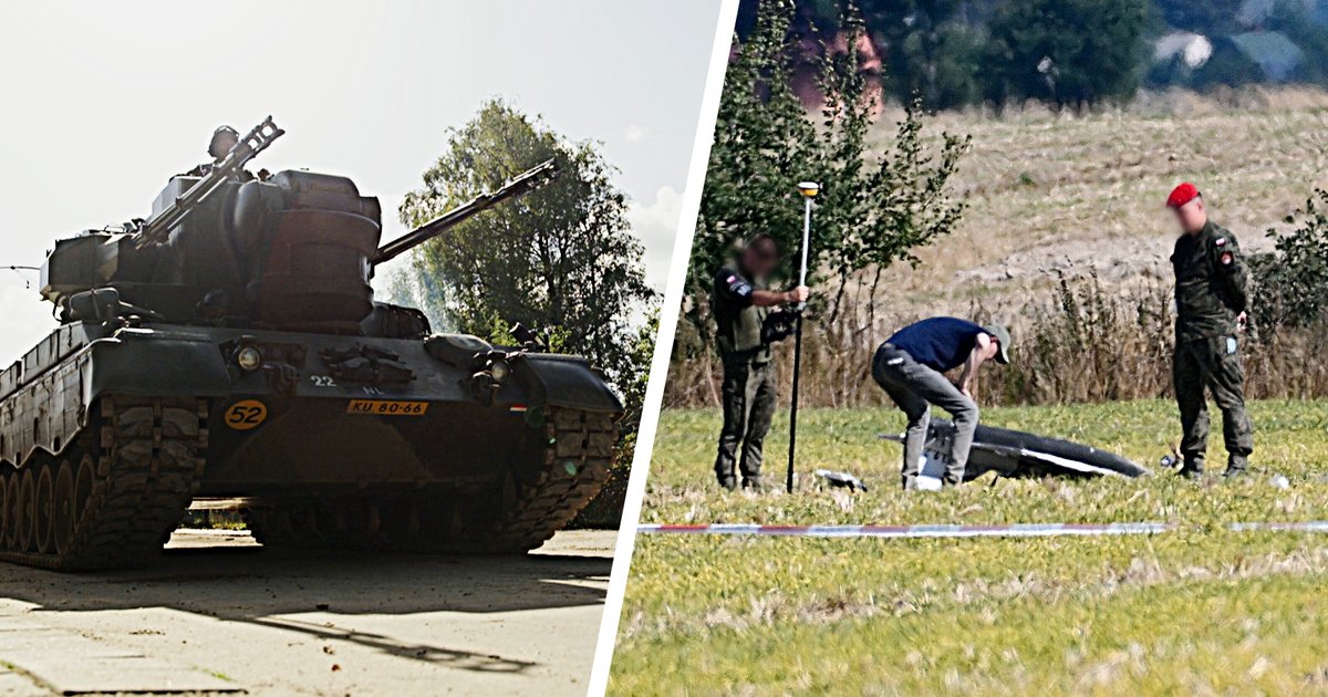 Nederlandse luchtverdediging (links) en een neergeschoten drone in Polen (rechts)