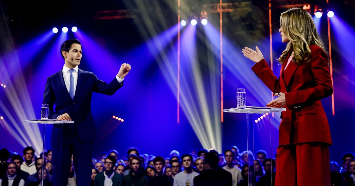 Lijsttrekkers Rob Jetten (D66) en Dilan Yesilgöz (VVD) tijdens het EenVandaag Verkiezingsdebat