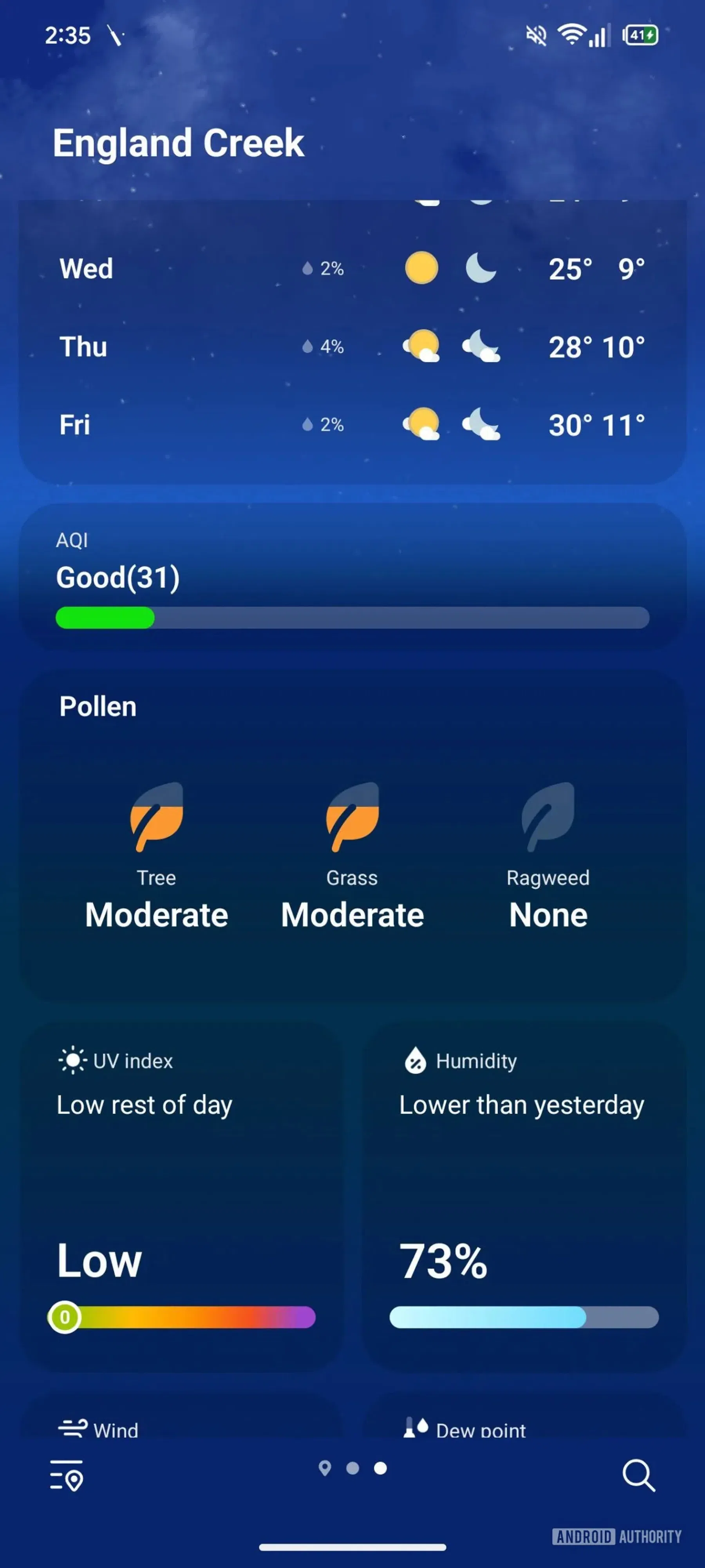 Screenshot van de nieuwe pollenmeter in Samsung Weer
