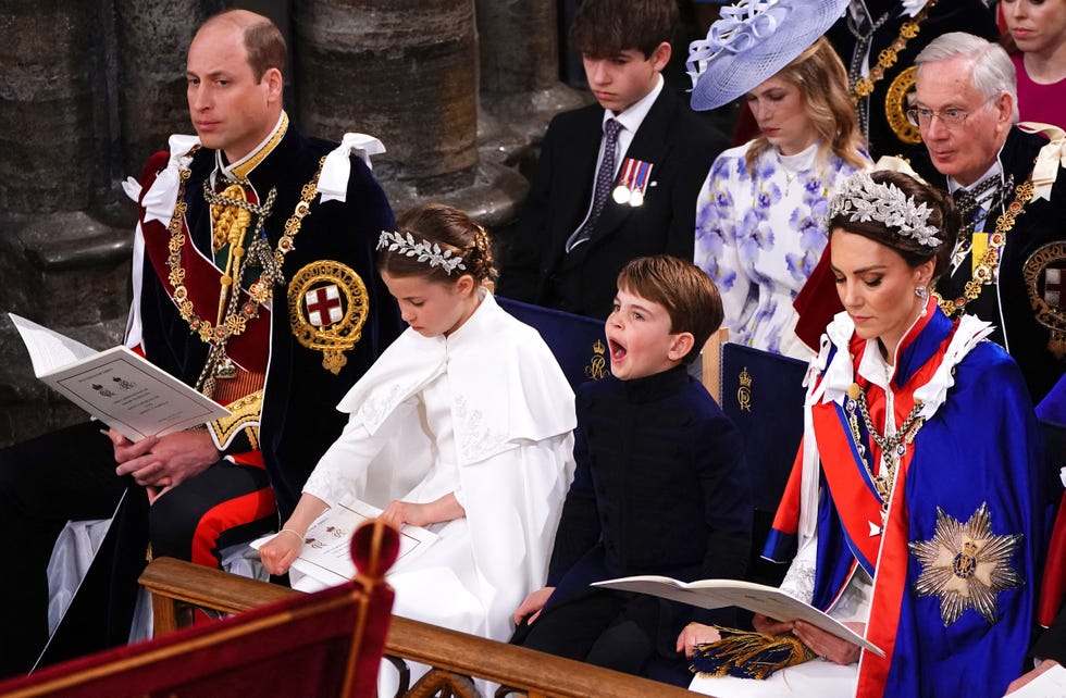 topshot (from l) britains prince william, prince of wales, princess charlotte, prince louis and britains catherine, princess of wales attend the coronations of britains king charles iii and britains camilla, queen consort at westminster abbey in central london on may 6, 2023. the set piece coronation is the first in britain in 70 years, and only the second in history to be televised. charles will be the 40th reigning monarch to be crowned at the central london church since king william i in 1066. outside the uk, he is also king of 14 other commonwealth countries, including australia, canada and new zealand. camilla, his second wife, will be crowned queen alongside him, and be known as queen camilla after the ceremony. (photo by yui mok / pool / afp) (photo by yui mok/pool/afp via getty images)