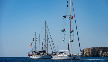 Witte zeilscheepjes met in de mast diverse Palestijnse vlaggen.